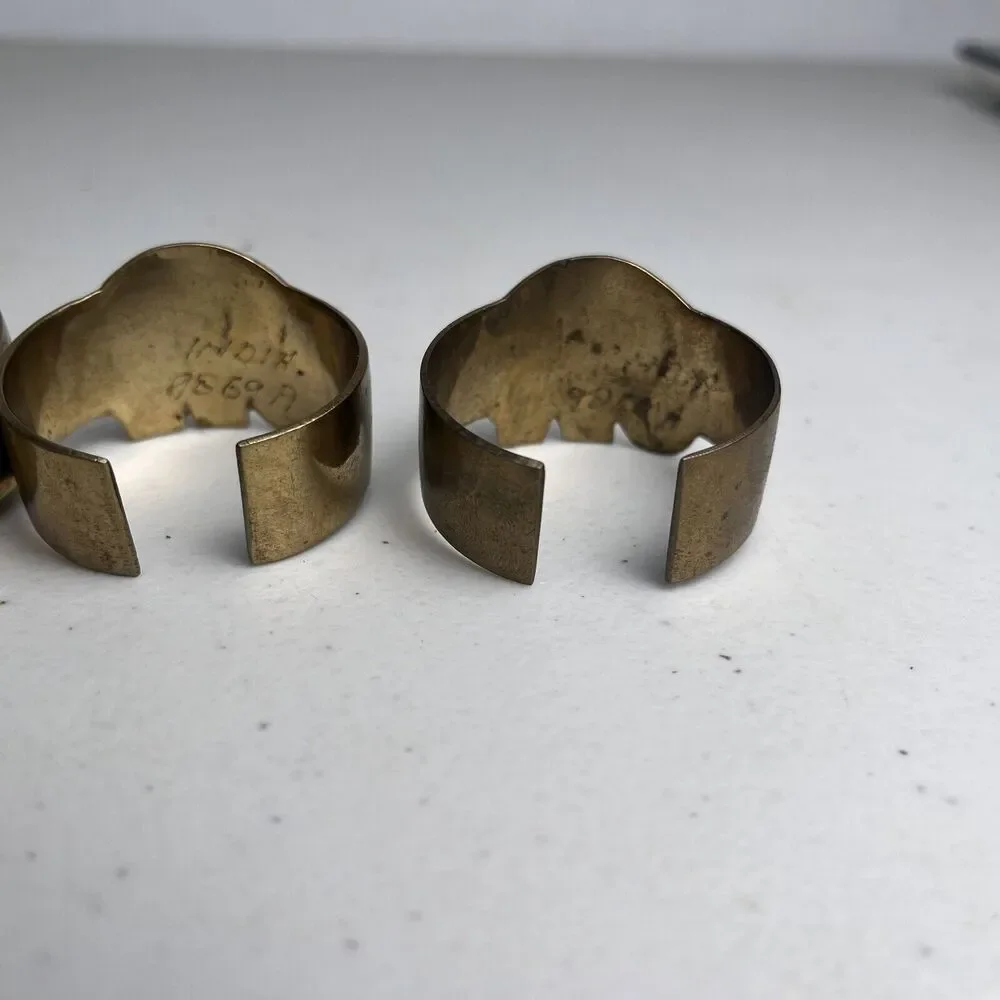 Vintage Brass Elephant Animal Napkin Rings Set Of 4 Marked India Gold Tone & Red